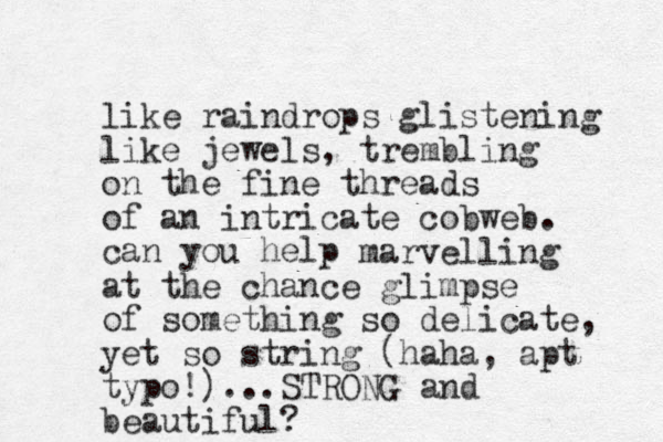 like raindrops glistening like jewels, trembling on the fine threads of an intricate cobweb. can you help marvelling at the chance glimpse of something so delicate, yet so string (haha, apt typo!)...STRONG and beautiful?
