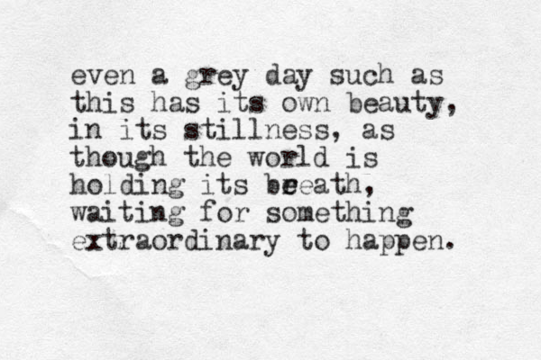 even a grey day such as this has its own beauty, in its stillness, as though the world is holding its beea r e th, waiting for something extraordinary to happen. 