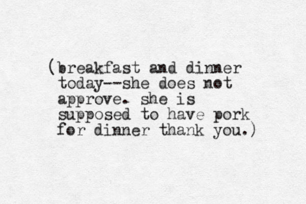 (breakfast and dinner today--she does not approve. she is supposed to have pork for dinner thank you.)
