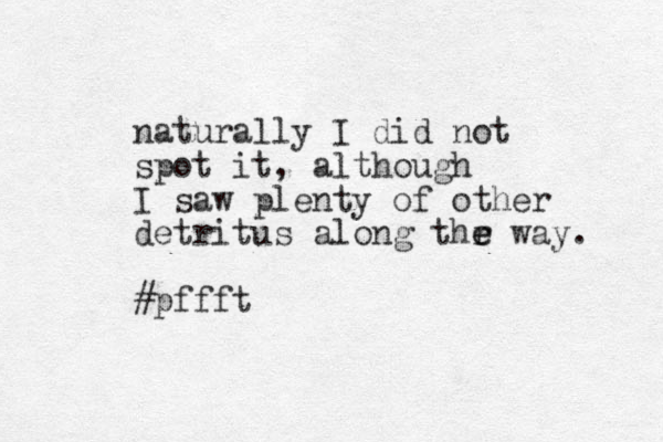 naturally I did not spot it, although I saw plenty of other detritus along thr e e way. #pffft