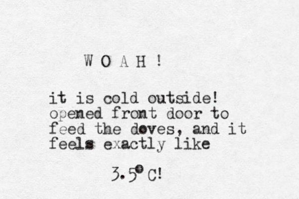 W O A H ! it is cold outside! opened front door to feed the doves, and it feels exactly like 3.5 C! o 