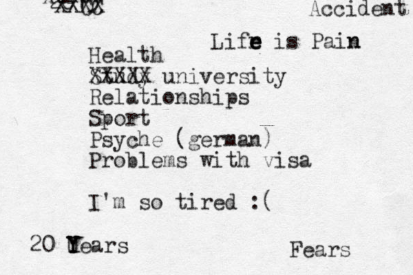 Health Study XXXXX university Relationships Sport Psyche (german) Problems with visa I'm so tired :( Accident Fears 2015 XxXX X XXCC XX 20 Uears Y Y Y Lifr e e e e is Pain n 