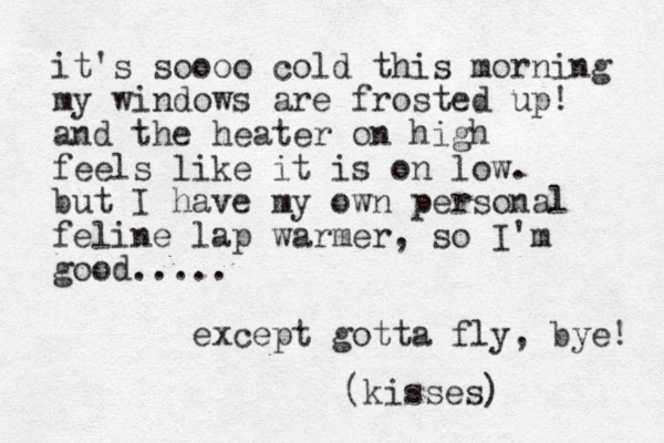 it's soooo cold this morning my windows are frosted up! and the heater on high feels like it is on low. but I have my own personal feline lap warmer, so I'm good..... except gotta fly, bye! (kisses) 