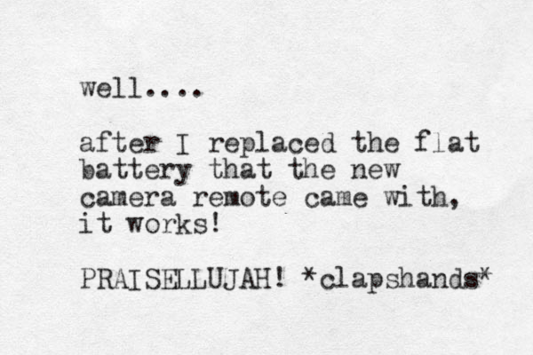 well.... after I replaced the flat battery that the new camera remote came with, it works! PRAISELLUJAH! *clapshands* 