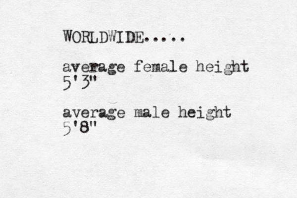 WORLDWIDE..... average female height 5'3" average male height 5'8"