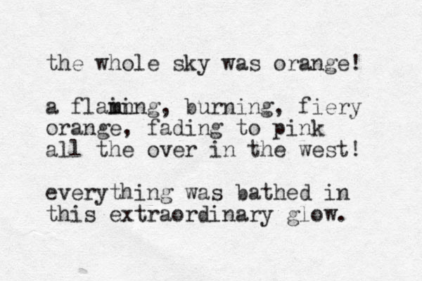 the whole sky was orange! a flamn i ming, burning, fiery orange, fading to pink all the over in the west! everything was bathed in this extraordinary glow. 