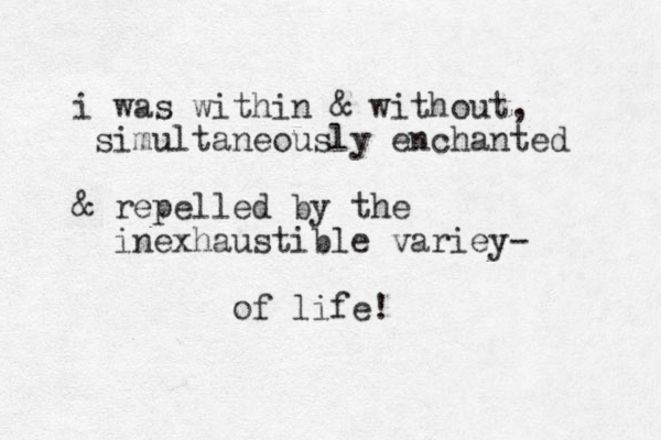 i was within & without, simultaneously enchanted & repelled by the inexhaustible variey- of life!