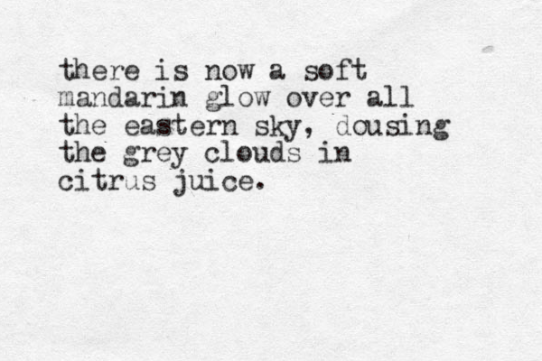 there is now a soft mandarin glow over all the eastern sky, dousing the grey clouds in citrus juice.
