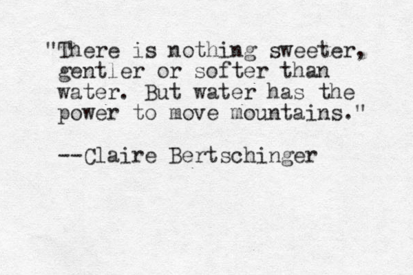 "There is nothing sweeter, gentler or softer than water. But water has the power to move mountains." --Claire Bertschinger