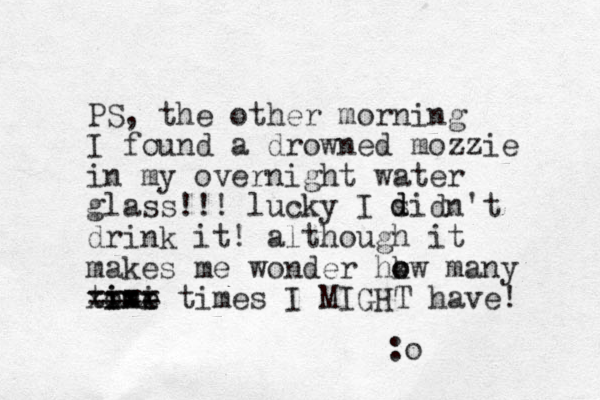 PS, the other morning I found a drowned mozzie in my overnight water glass!!! lucky I sidn't drink it! although it makes me wonder hkw o o many tom imi i e e xxxx ==== times I MIGHT have! :o d d 