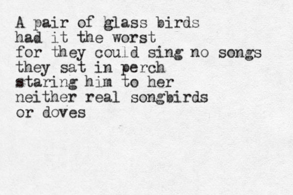 A pair of h g glass birds had it the worst for they could sing no songs they sat in perch staring him to her neither real songbirds or doves