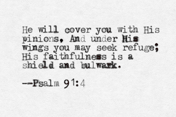 He will cover you with His pinions. , And under h His H wings you may seek refuge; His faithfulness is a shield and bulwark. --Psalm 91:4