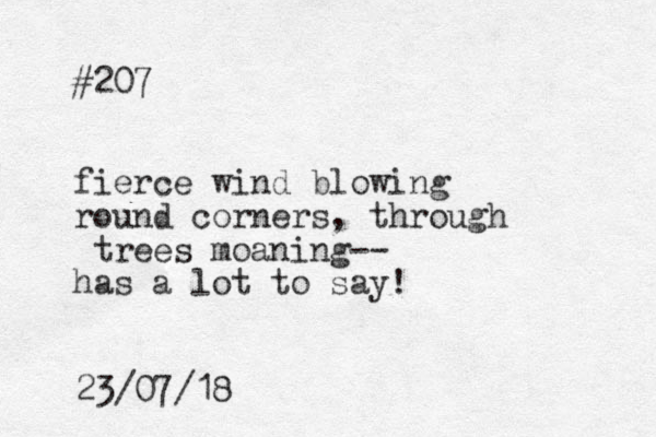 #207 fierce wind blowing round corners, through trees moaning-- has a lot to say! 23/07/18