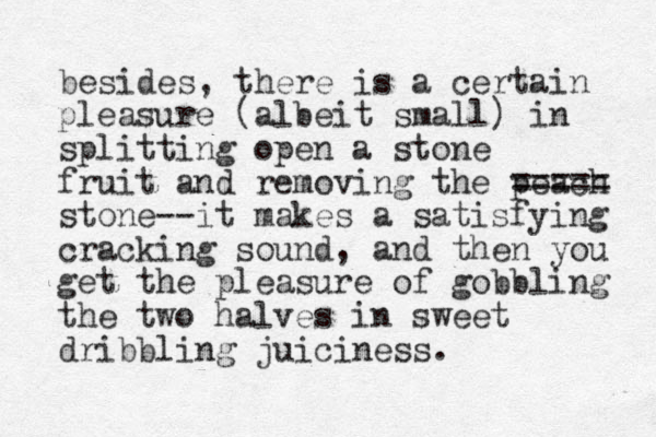 besides, there is a certain pleasure (albeit small) in splitting open a stone fruit and removing the peach ===== stone--it makes a satisfying cracking sou d n , and then you get the pleasure of gobbling the two halves in sweet dribbling juiciness.