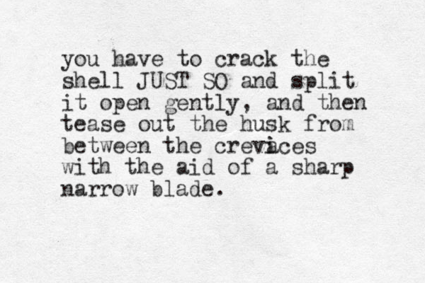 you have to crack the shell JUST SO and split it open gently, and the n tease out the husk from between the crevaces i i with the aid of a sharp narrow blade.