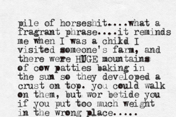 pile of horseshit....what a fragrant phrase....it reminds me when I was a chikd l I visited someone's farm, and there were HIGE U U mountains of cow patties baking in the sun so they developed a crust on top. you could walk on them, but wor betide you if you put too much weight in the wrong place.....