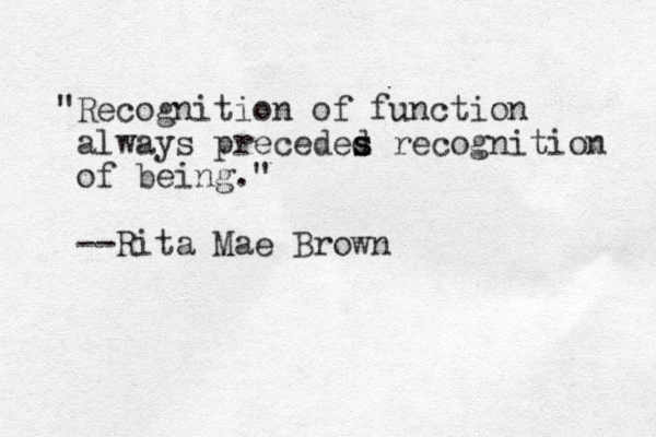 "Recognition of function always preceded s s recognition of being." --Rita Mae Brown