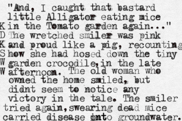 "And, I caught that bastard little Alligator eating mice in the Tomato garden again..." The wretched smiler was pink and proud like a pig, recounting how she had hosed down the tiny garden crocodile in the late afternoon. , The old woman who owned the home smiled, but didnt seem to notice any victory in the tale. The smiler tried again, swearing dead mice carried disease ont into groundwater. K D K S W W 