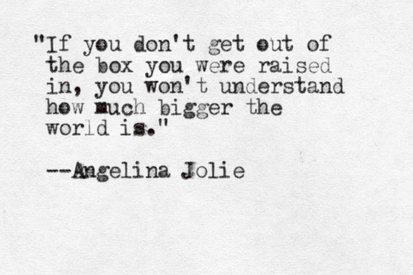 "If you don't get out of the box you were raised in, you won't understand how much bigger the world is." --Angelina Jolie