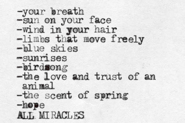 -sun on your face -wind in your hair -limbs that move freely -blue skies -sunrises -birdsong -the love and trust of an animal -the scent of spring -hope ALL MIRACLES -your breath 