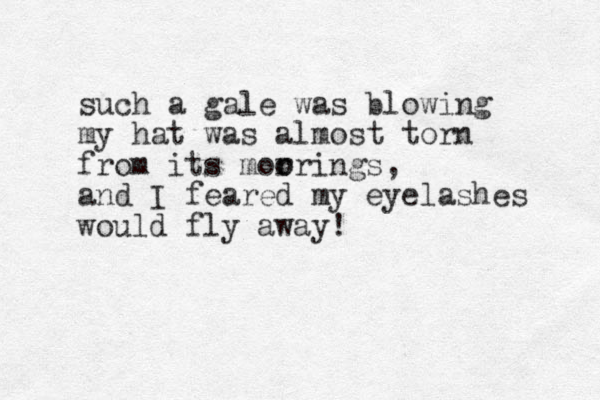 such a gale was blowing my hat was almost torn from its mor o orings, and I feared my eyelashes would fly away!