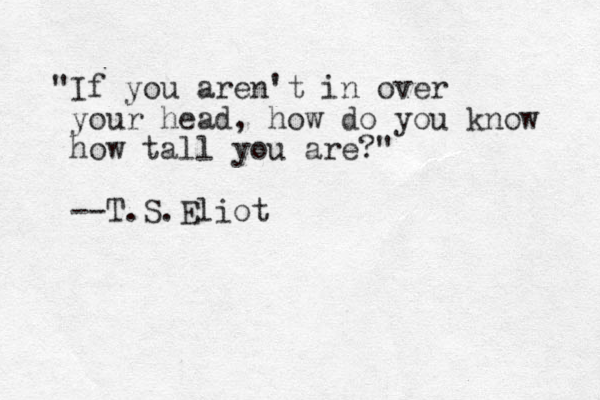 "If you aren't in over your head, how do you know how tall you are?" --T.S.Eliot