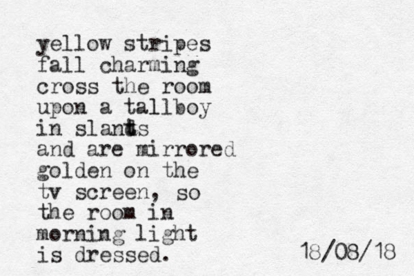 yellow stripes fall charming cross the room upon a tall l boy in slands t t and are mirrored golden on the tv screen, the room in morning light is dressed. so 8 1 / 8 0 / 8 1