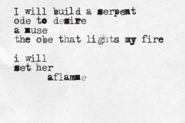I will build a serpent ode to desire a muse the obe that lights my fire i will set her aflamme 