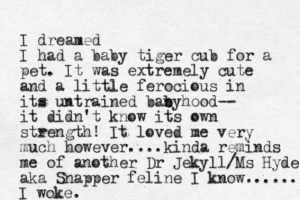 I dreamed I had a baby tiger cub for a pet. It was extremely cute and a little ferocious in its untrained banyhood b b -- it didn't know its own strength! It loved me very much however....kinda reminds me of another Dr Jekyll/ Ms Hyde aka Snapper feline I know...... I woke. 