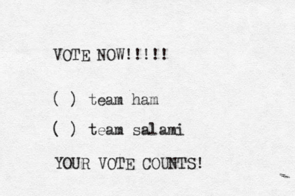 VOTE NOW!!!!! ( ) team ham ( ) team salami YOUR VOTE COUNTS! 