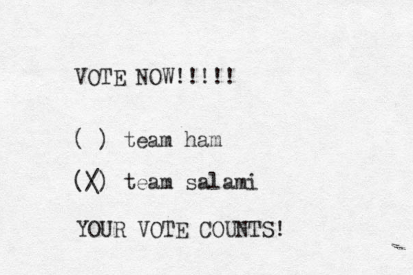VOTE NOW!!!!! ( ) team ham ( ) team salami YOUR VOTE COUNTS! / \