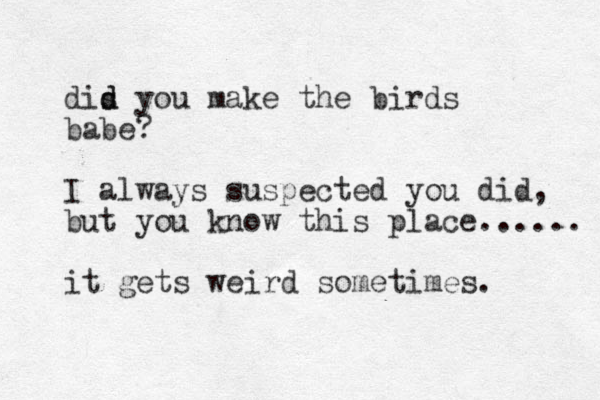 dis d d you make the birds babe? I always suspected you did, but you know this place...... it gets weird sometimes. 