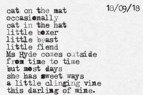 cat on the mat occasionally cat in the hat little boxer little beast little fiend Ms Hyde comes outside from time to time but most days she has sweet ways a little clinging vine this darling of mine. 8 1 / 9 0 / 8 1 