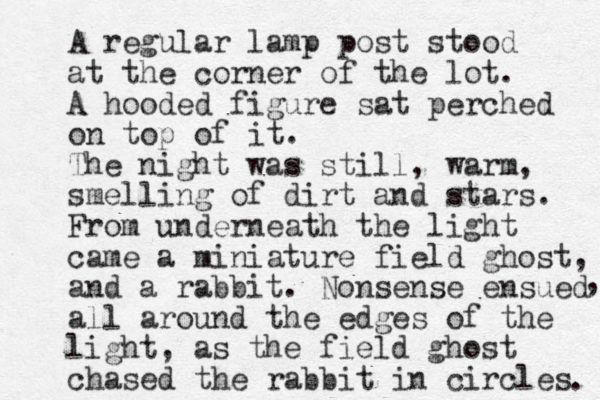 A regular lamp post stood at the corner of the lot. A hooded figure sat perched on top of it. The night was still, warm, smelling of dirt and stars. From underneath the light came a miniature field ghost, and a rabbit. Nonsense ensued all around the edges of the light, as the field ghost chased the rabbit in circles , . 