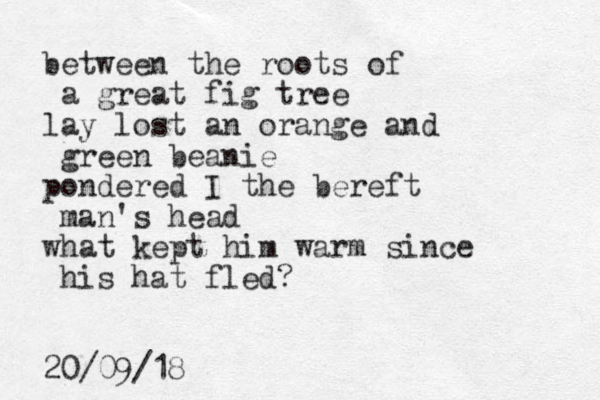 between the roots of a great fig tree lay lost an orange and green beanie pondered I the bereft man's head what kept him warm since his hat fled? 20/09/18