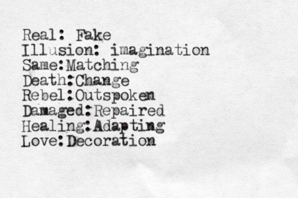 Real: Fake Illusion: imagination Same:Matching Death:Change Rebel:Outspoken Damaged:Repaired Healing:Adapting Love:Decoration 