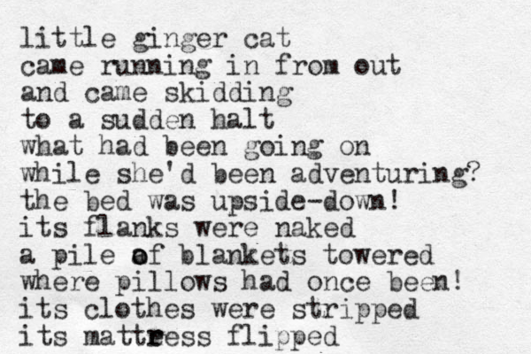 little ginger cat came running in from out and came skidding to a sudden halt what had been going on while she'd been adventuring? the bed was upside-down! its flanks were naked a pile a of o blankets towered where pillows had once been! its clothes were stripped its matteess r r flipped 