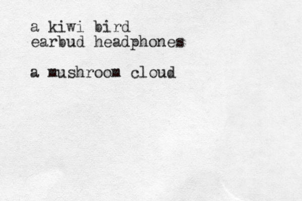 a kiwi bird earbud headphones a mushroom cloud