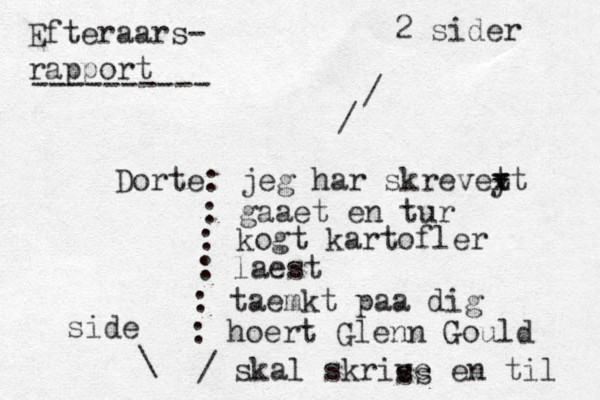 Dorte: jeg har skrevey t x -t : g aaet en tur : kogt kartofler : laest : taemkt p aa dig : hoert Glenn Gould / skal skrice v en til ss side / 2 sider \ / Efteraars- rapport ---------- 