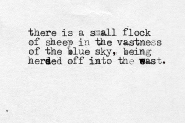 there is a small flock of sheep in the vastness of the blue sky, being hersed off d d into the w e east. 