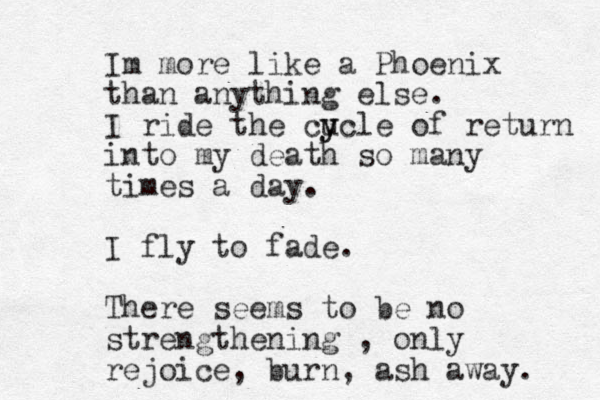 Im more like a Phoenix than anything else. I ride the cu y ycle of return into my death so many times a day. I fly to fade. There seems to be no strengthening , only rejoice, burn, ash away. 