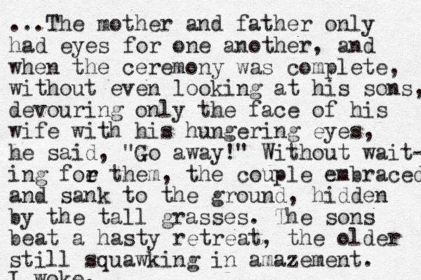 ...The mother and father only had eyes for one another, and when the ceremony was complete, without even looking at his so s n , devouring only the face of his wife with his hungering eyes, he said, "Go away!" Without wait- ing foe them r r , the couple embraced and sank to the ground, hidden by the tall grasses. The so s n beat a hasty retreat, the older still squawking in amazement. I woke. 