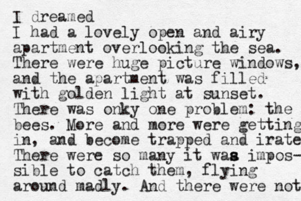 I dreamed I had a lovely open and airy apartment overlooking the sea. There were huge picture windows, and the apartment was filled with golden light at sunset. There was onky one problem: the bees. More and more were getting i n, and become trapped and irate There were so many it waa s s impos- sible to catch them, flying around madly. And there were not 
