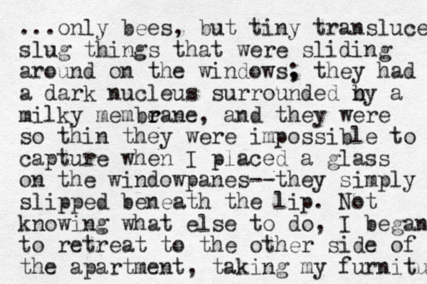 ...only bees, but tiny translucent slug things that were sliding around on the windows, ; they had a dark nucleus surrounded n n by a milky membeane r r , and they were so thin they were impossible to capture when I placed a glass on the windowpanes--they simply slipped beneath the lip. Not knowing what else to do, I began to retreat to the other side of the apartment, taking my furnitu 