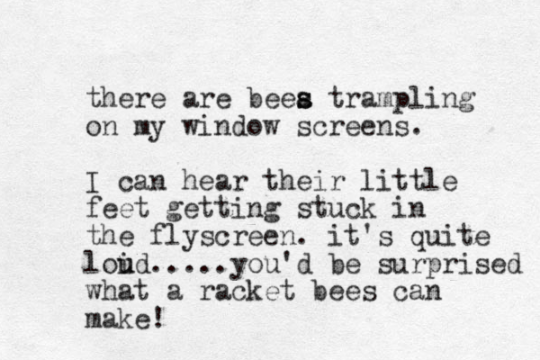 there are beea s s trampling on my window screens. I can hear their little feet getting stuck in the flyscreen. it's quite loid. u u ....you'd be surprised what a racket bees can make! 