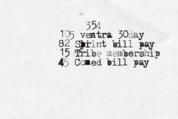 354 105 ventra 30day 82 Sli print bill pay 15 Tribe membership 45 Comed bill pay 