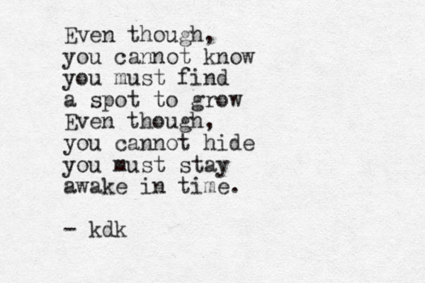 Even though, you cannot know you must find a spot to grow Even though, you cannot hide you must stay awake in time. - kdk