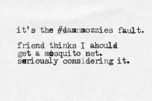 it's the #damnmozzies z friend thinks I ahould get a misquito net. o o o swriously e e considering it. fault. 