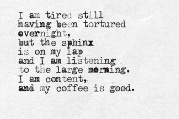 I am tired still having been tortured overnight, but the sphinx is on my lap and I am listening to the large morning. I am content, and my coffee is good. 