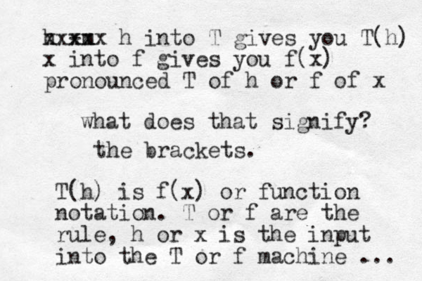 what does that signify? the rackets. b T(h) is f(x) or function notation. T or f are the rule, h or x is the input into the T or f machine ... h - m xx xxxxx h into T gives you T(h) x into f gives you f(x) pronounced T of h or f of x 